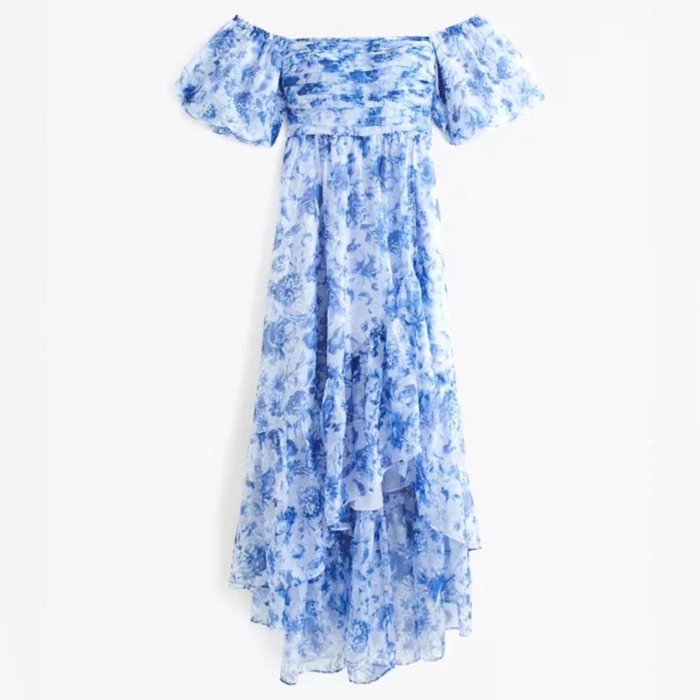 Abercrombie Blue Floral Emerson Off-The-Shoulder Drama Organza Maxi Dress